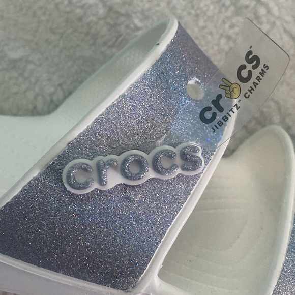 Crocs Classic Glitter 2 Slide Sandal, White with Silver Metallic - Picture 7 of 9